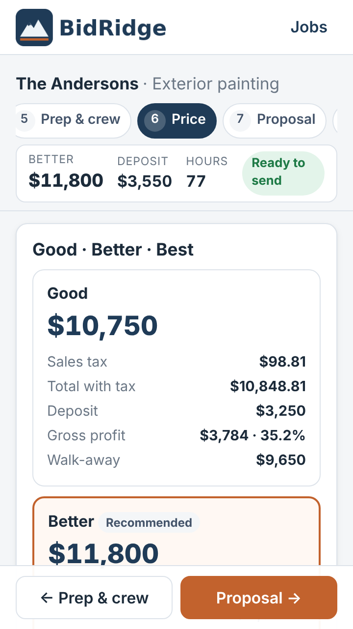 BidRidge price screen showing Good, Better and Best options with sales tax and a ready-to-send check
